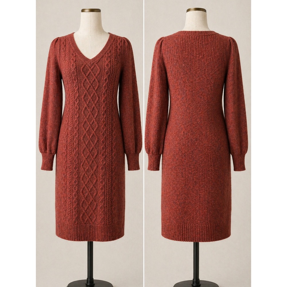 LOFT Sweater Dress XSP Cable Knit Rust V Neck Cozy Fall‎ Mini Dress